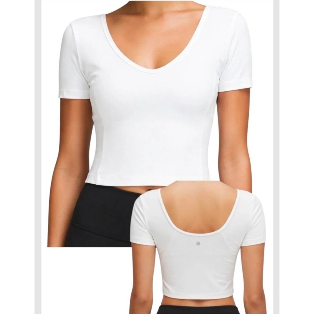 Lululemon Align Cropped Tee Womens 10 White Excellent Nulu V-Neck Slim Fit